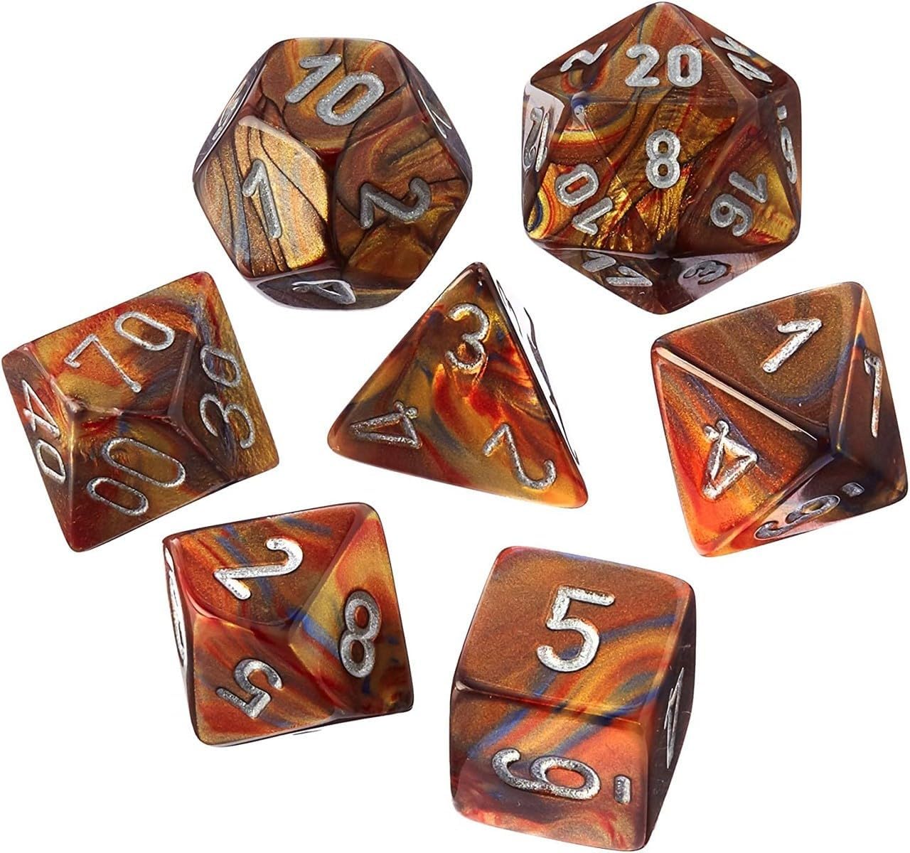 Gold Lustrous Mini Dice with Silver Numbers 10mm (3/8in) Set of 7 Chessex