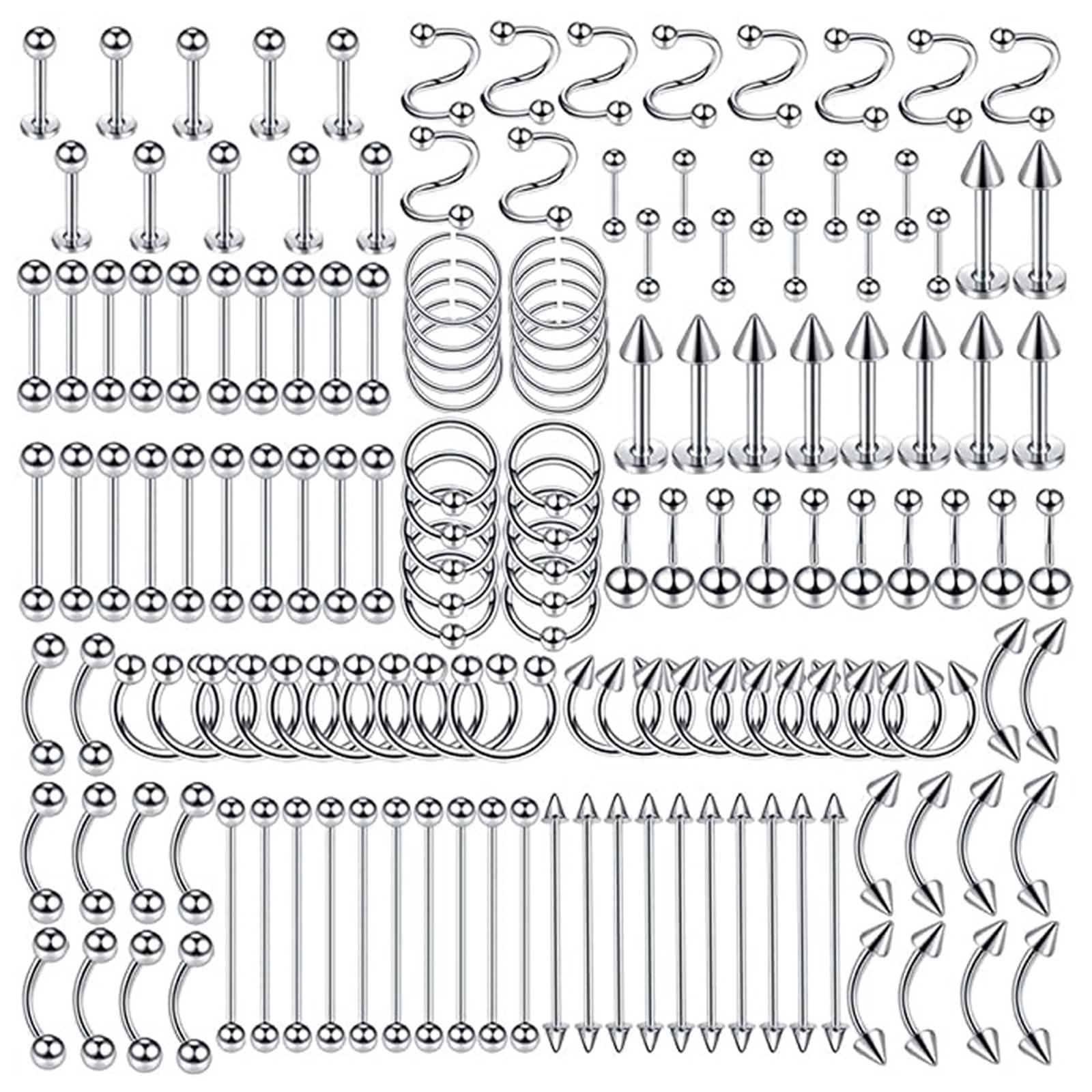Wycian Nostril Piercing Set, Piercing Naso Argento Sottile 150PCS Acciaio Inossidabile Forma a C, Forma a S, Perno a Cerchio 1.2Mm/1.6MM per Femme