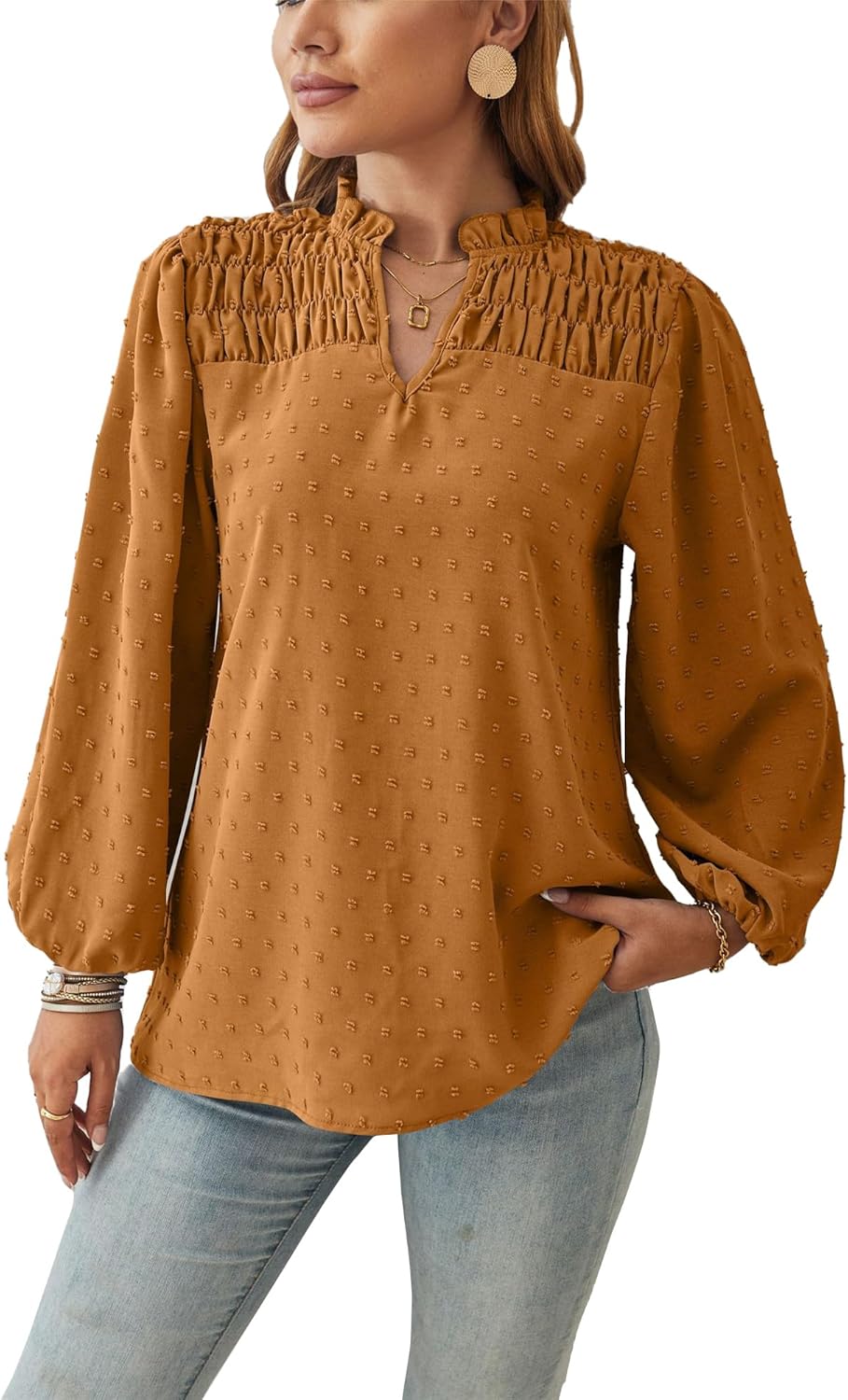 Pantete Womens Fall Tops Smocked Swiss Dot Long Puff Sleeve Blouses V Neck Flowy Shirts for Work Trendy Feminine