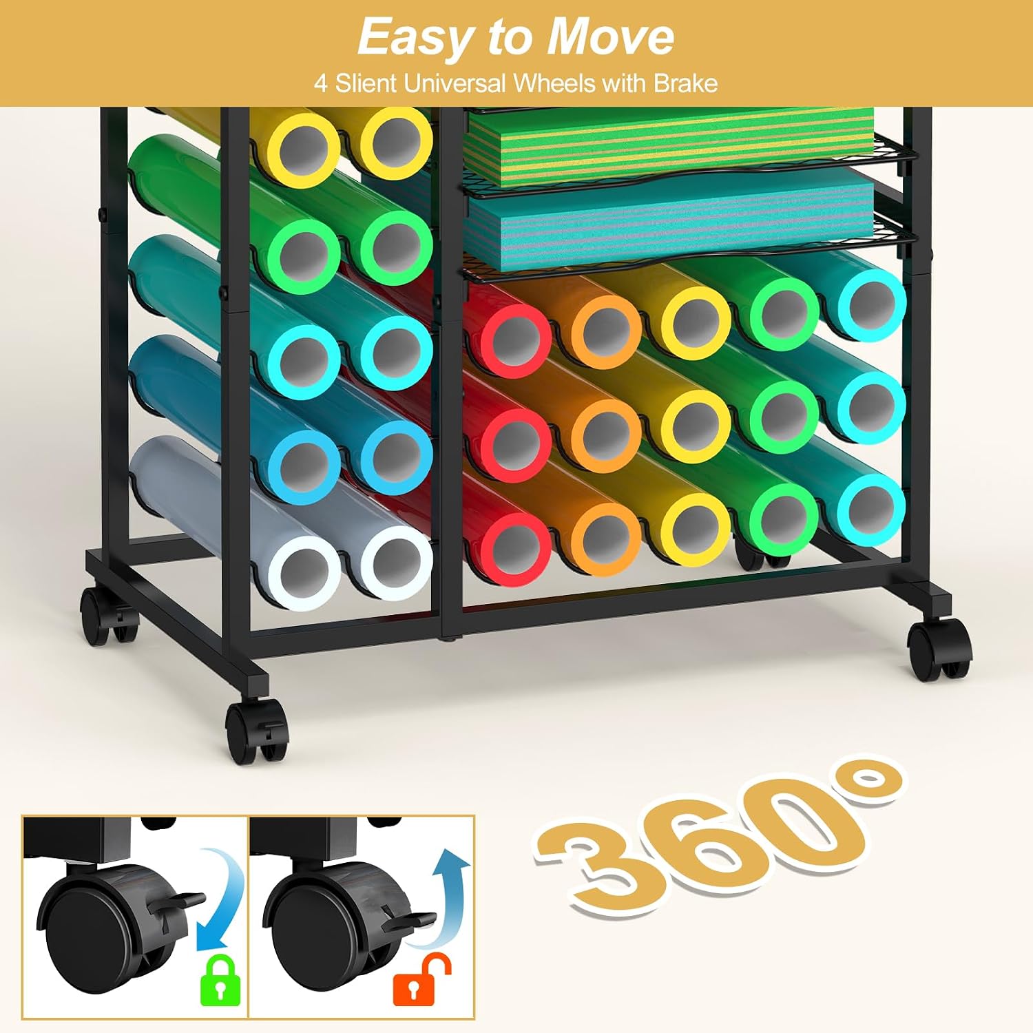SHINOSKE Rolling Craft Storage Cart with 29 Vinyl Roll Holders & 6 Hooks,Compatible with Craft Cutting Machines,Multi-Tier Small Craft Table for Craft Supplies & Accessories,Heat Press,Rustic Brown