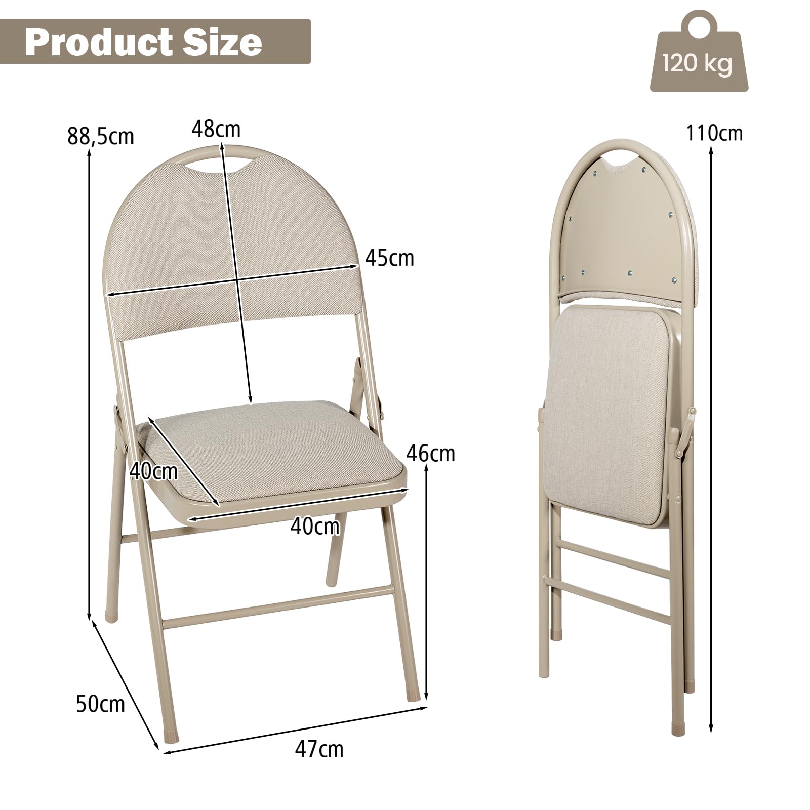 HOMASIS Set di 4 sedie pieghevoli, da cucina con schienale e manico, con struttura in metallo, pieghevole, portata fino a 120 kg, per sala da pranzo, soggiorno, ufficio (beige)