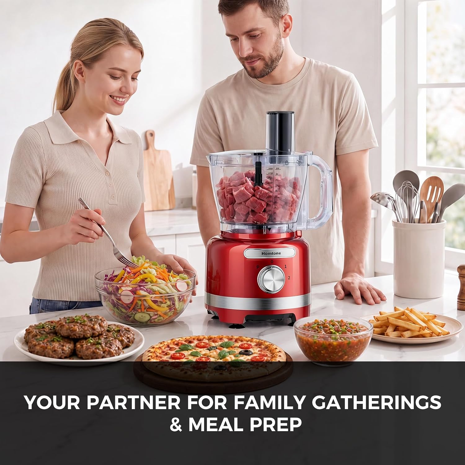 Homtone 16 Cup Food Processor, Large 9-in-1 for Dough, Salad, Chopper, Red | Large Family/Week Meal Prep, Veggie Chopper, Meat Mince, Cheese Grater, Slice, Shred, Egg White Whipping, Dishwasher Safe