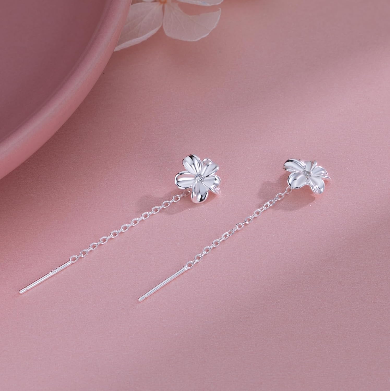 Reffeer Solid 925 Sterling Silver Plumeria Flower Chain Dangle Earrings for Women Teen Girls CZ Flower Tassel Earrings Threader Drops - Image 5