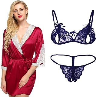 Lovie's Women's Satin Robe Nighty with Bra and Panty Baby Doll 3 Pieces Lingerie Set (Black, Free Size) Price In India