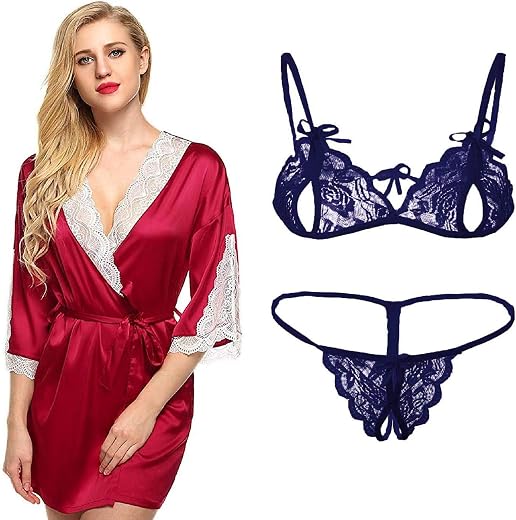Lovie's Women's Satin Robe Nighty with Bra and Panty Baby Doll 3 Pieces Lingerie Set (Black, Free Size)
