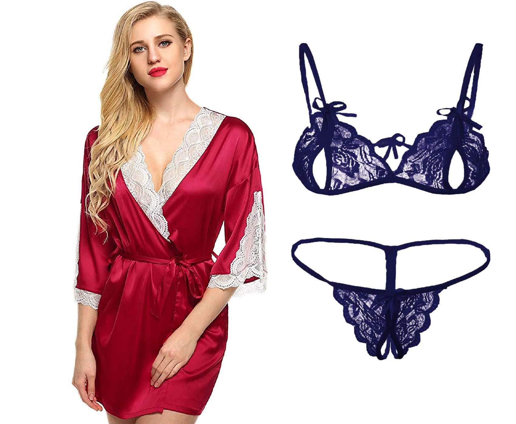lovie's Women's Satin Robe Nighty with Bra and Panty Baby Doll 3 Pieces Lingerie Set (Black, Free Size)-picture-26