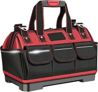 Tool Bag, 14 Pockets Heavy Duty Tote Tool Bag with Plastic Hard Base, Wide Mouth Electrician Tool Bag with Removable Strap and Parts Box, Waterproof Oxford Canvas Tool Storage Bag 16 inch