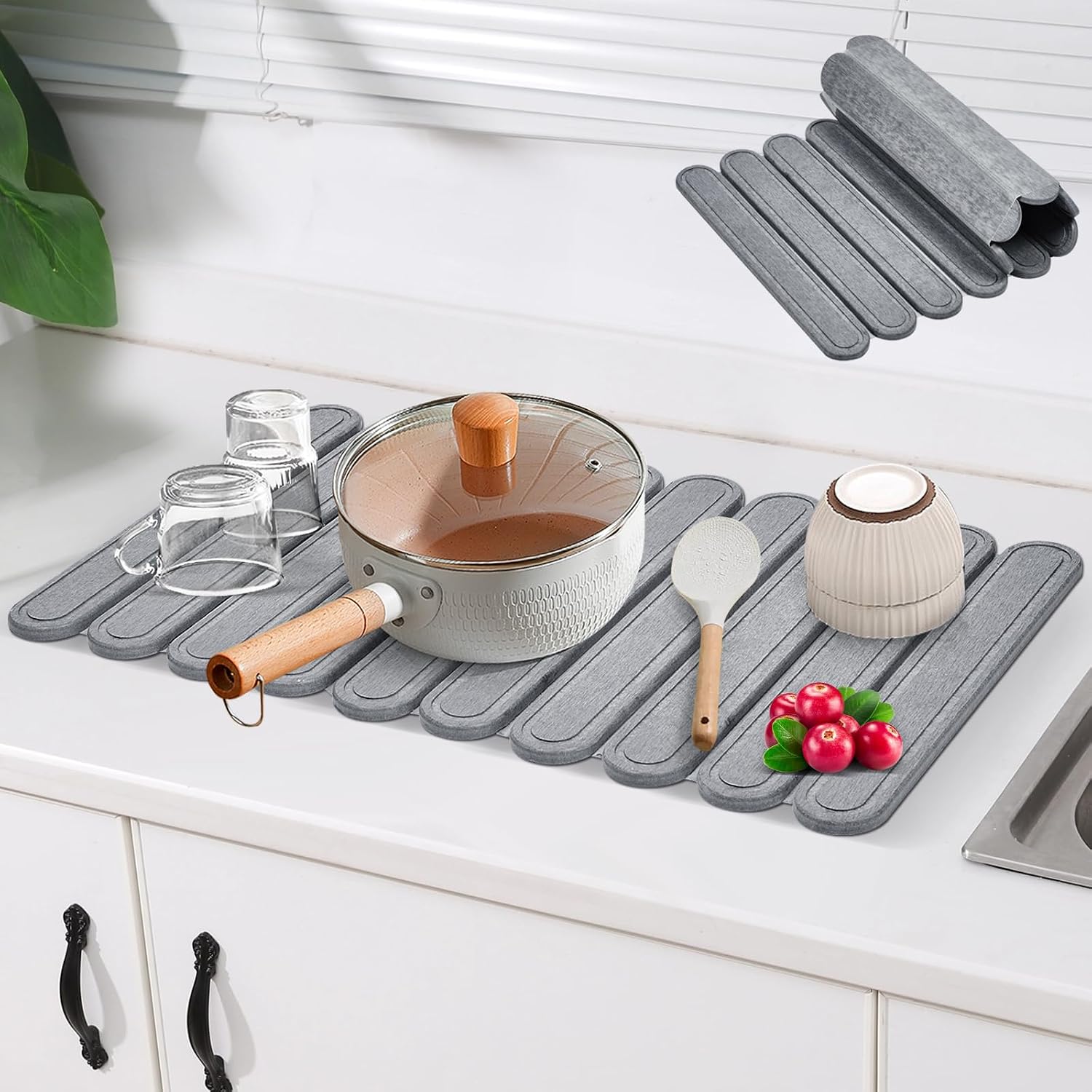 Large Collapsible Stone Dish Drying Mat for Kitchen Counter, Fast Dry Super Absorbent Diatomaceous Earth Foldable Drying Pad for Kitchen Bathroom, 23.6" x 15.3"(White)