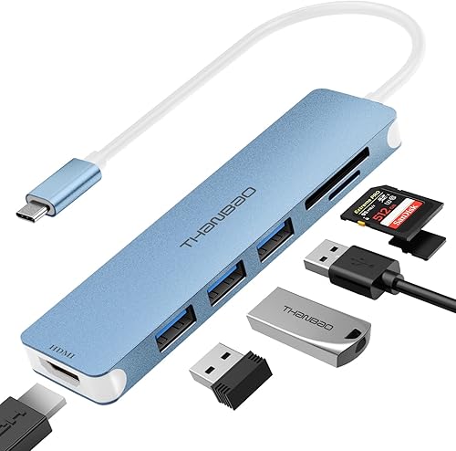 Adaptador multipuerto USB C, dongle portátil 7 en 1 con salida HDMI 4K, 3 puertos USB 3.0, lector de tarjetas SDTF compatible con MacBook Pro, XPS y