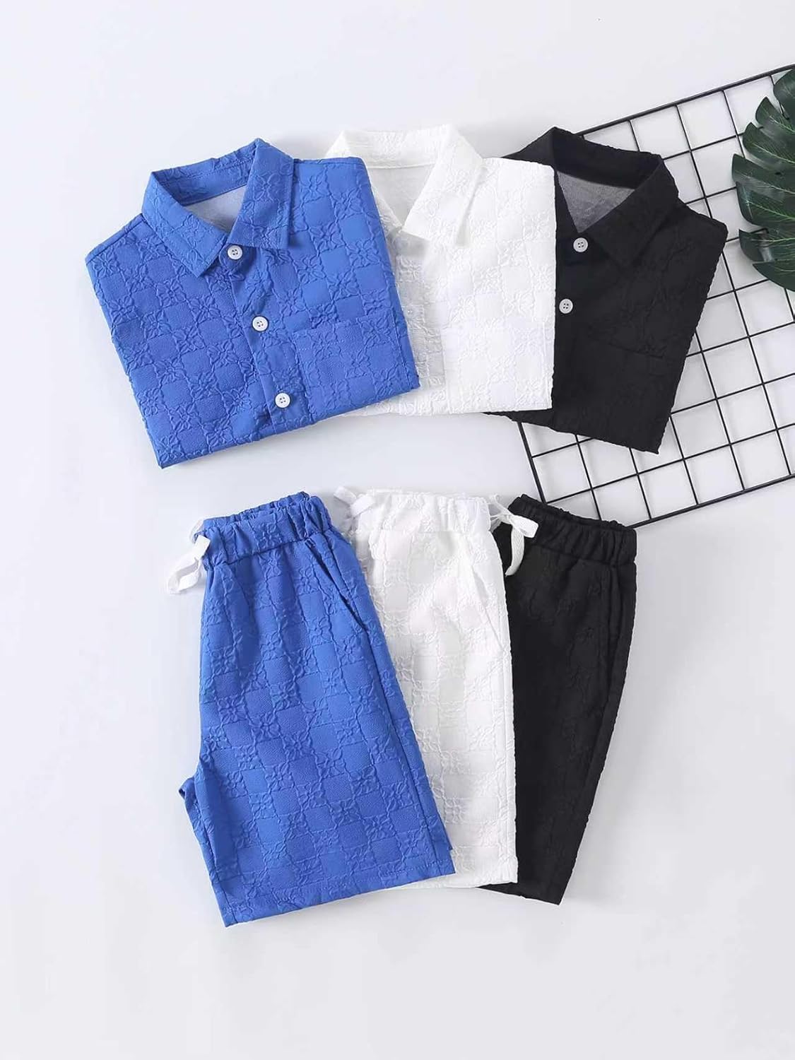 Boys 6 Pieces Summer Beach Outfits Short Sleeve Button Down Shirts and Shorts Vacation Texture Sets for Kids