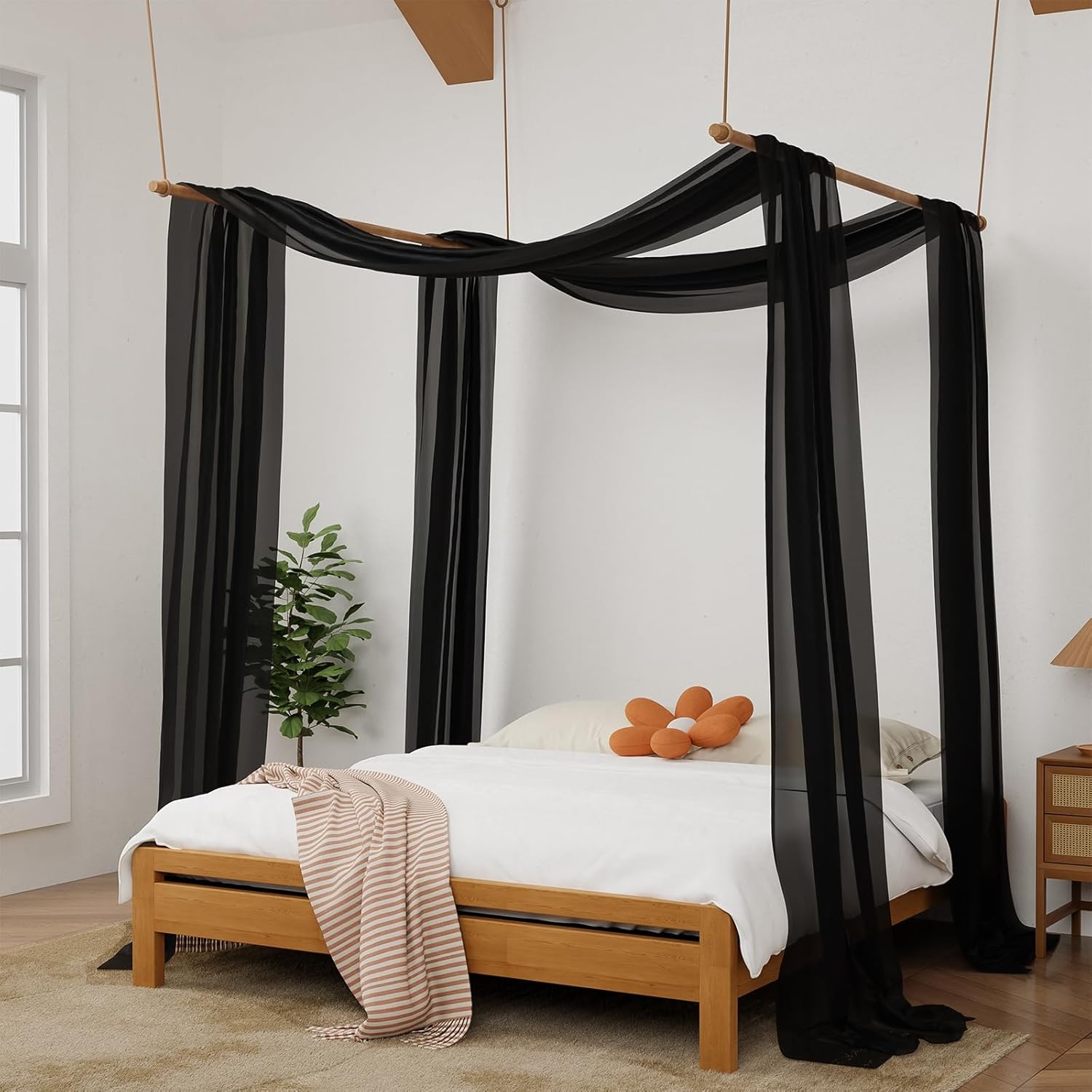 Canopy Bed Curtains - 2 Panel Curtains for Bed in 52 x 144 Inches Black Sheer Scarf Luxury Sheer Curtains for Adults Girls Room Decor(Twin,Black)