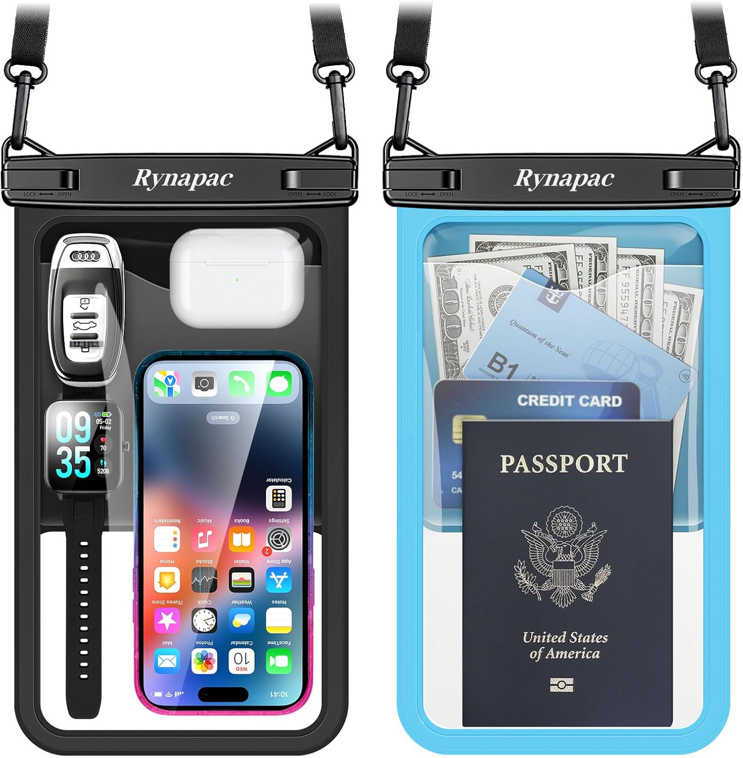 [up to 10"] large waterproof phone pouch bag - 2 pack waterproof phone case for iphone 17 16 15 pro max galaxy s25 s24 ultra, ipx8 cellphone water protector pouch beach essentials travel must haves extra large [10-inch] [black + blue] large waterproof phone pouch