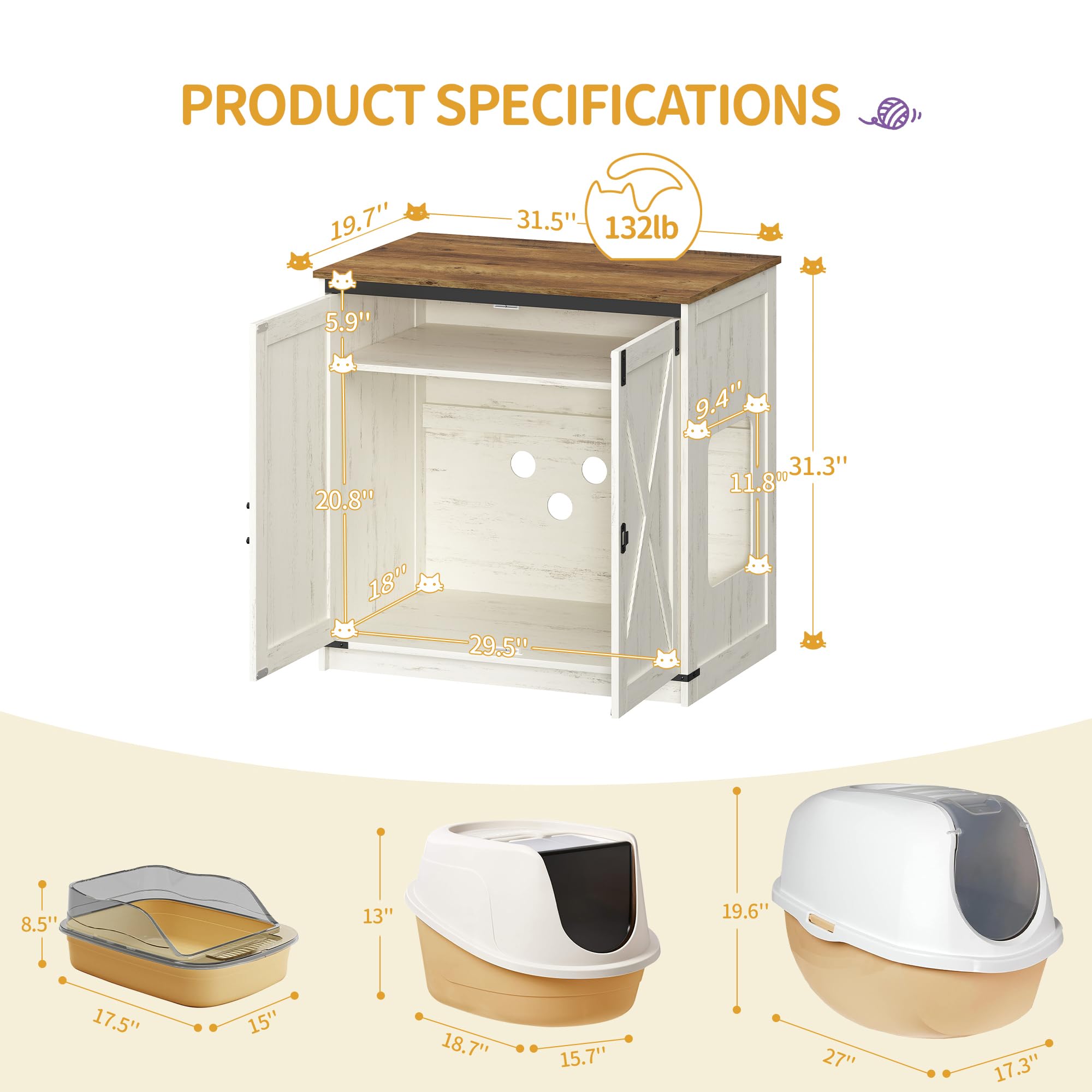 Hzuaneri Cat Litter Box Enclosure Enclosed, Hidden Litter Box Furniture Cabinet Large, Wooden Indoor Cat House with Adjustable Shelf for Top Entry Litter Box, Farmhouse Rustic Brown and White CB85414X - image 2