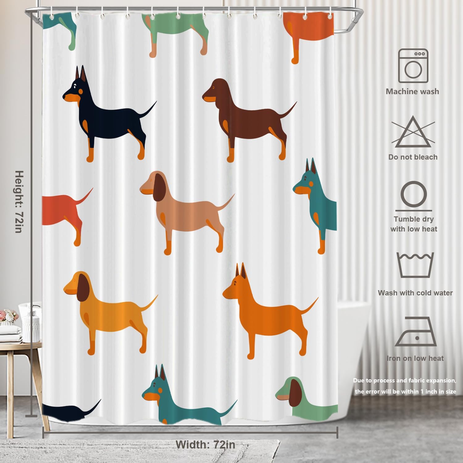 Cute Dachshund Decor Shower Curtain Set,Dog Small Puppies Textile Animal Hunter Polyester Shower Curtain for Shower Stall Bathroom Waterproof with 12 Hooks 72x72 Inch