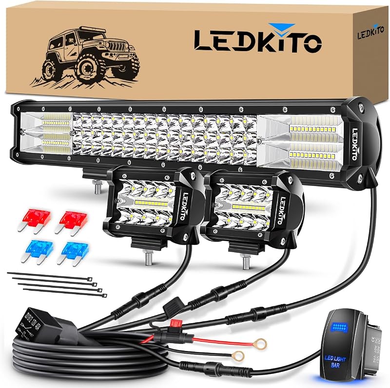 20In LED Light Bar and 4In LED Cube Pod Lights with Wiring Harness | 16AWG Spot Flood Combo Beam with 3Pin Rocker Switch LED Off Road Driving Work Lights Bar for Je-ep Truck SUV Pickup Golf Cart