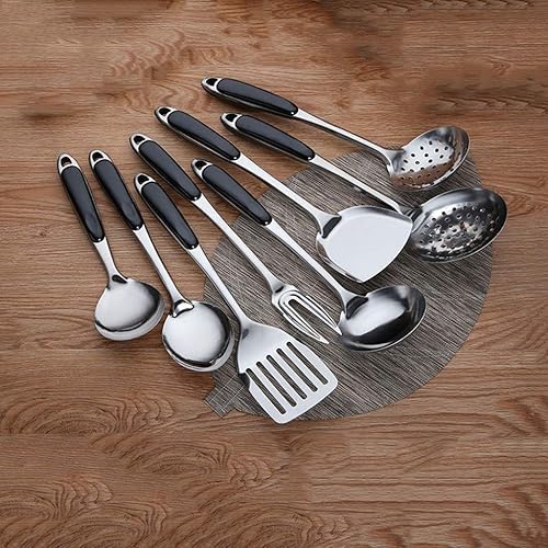 LMMDP - Juego de ocho piezas con mango de madera, espátula de acero inoxidable, cuchara de sopa, pala gruesa antiquemaduras, cuchara de arroz para