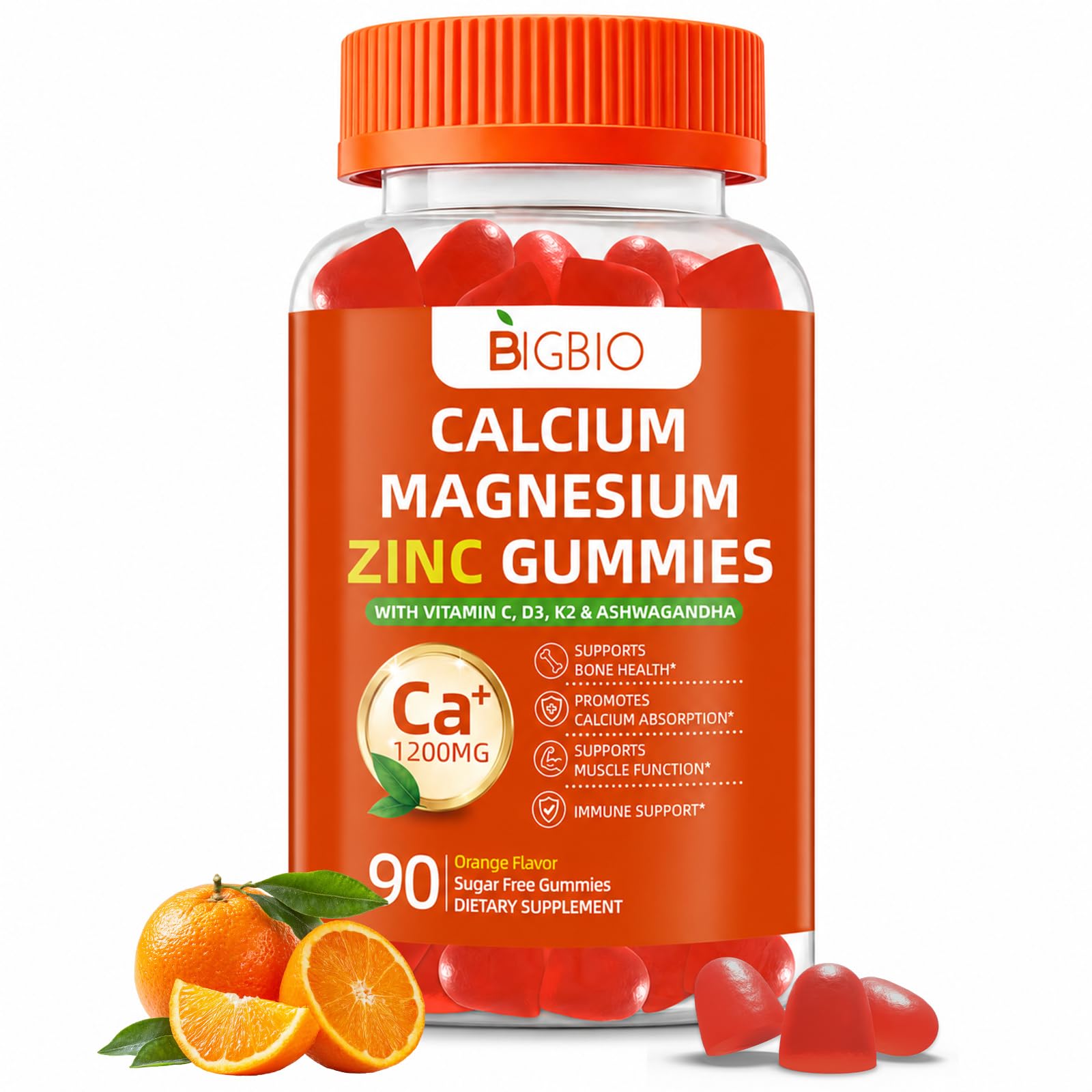 BIGBIO Suplemento de Cálcio com Vitaminas D3 e K2, Magnésio, Zinco e Ashwagandha 1200 mg, 90 gomas