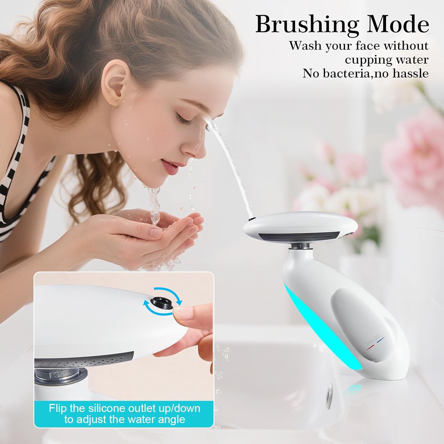 Faucet - Batteryless LED Light Temperature Display, 4 Modes (Waterfall/Rinsing/Shampoo/Bubble), 360° Pull-Out Spray for Pet & Sink Cleaning, Zinc Alloy Bathroom Faucet (White)