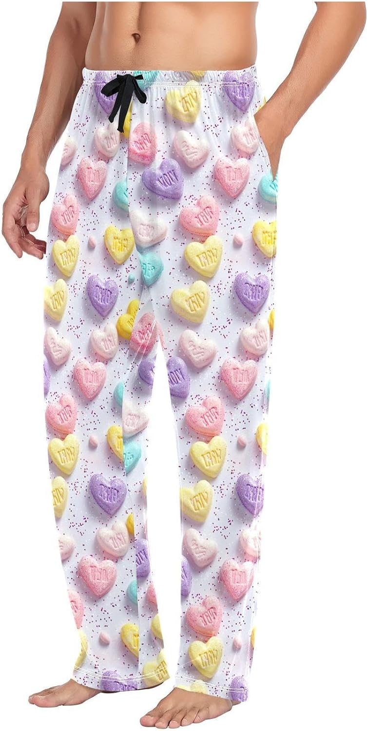 ZZKKO Pajamas Pants for Men Cute Hearts Candies Men's Pajama Cotton Sleep Pants Straight-Fit PJ Bottoms With Pockets Drawstring L