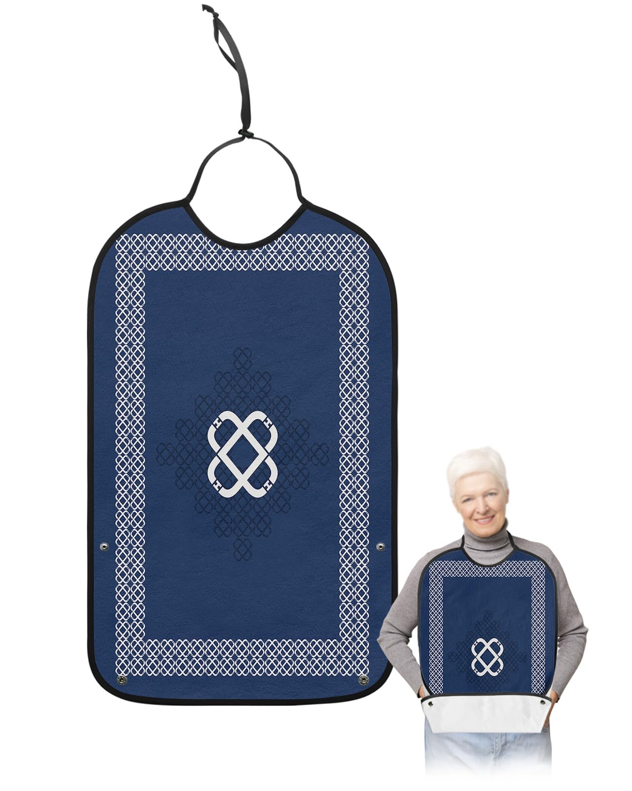 LEOKOTI Navy Blue Adult Bibs for Eating, Waterproof Bibs with Food Catcher & Adjustable Snap Closure, Modern White Abstract Art Washable Clothing Protectors Adult Bibs for Elderly Women/Men