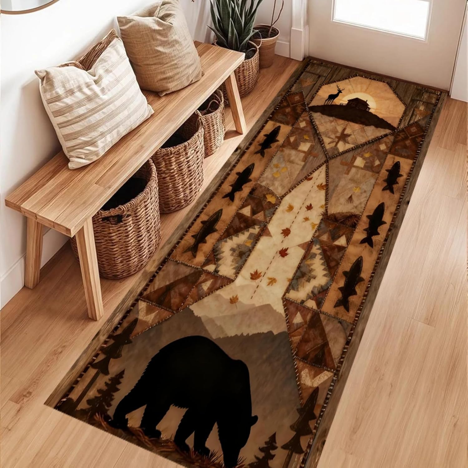 Native American Runner Rug,2.6x10ft,Rustic Decor Bear Print Entrance Rug, Fade Resistant Non-Shedding Non-Slip Carpets, Foldable Machine Washable Absorbent Floor Mat for Front Porch-Aa15