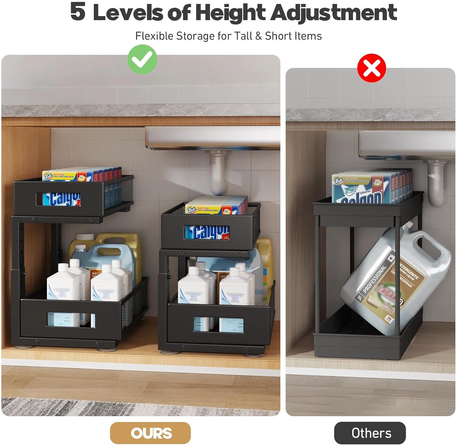 2-Tier Under Sink Organizer With Sliding Drawers, Pull-Out Cabinet Organizer With Adjustable Height, Kitchen & Bathroom Storage Shelf, Black, 1 Pack