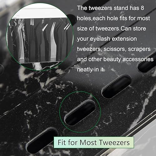 Miniatura 5 de LXIANGN Estuche de pinzas de pestañas a prueba de polvo con 8 agujeros, soporte de pinzas de mármol acrílico, organizador de exhibición con cubierta