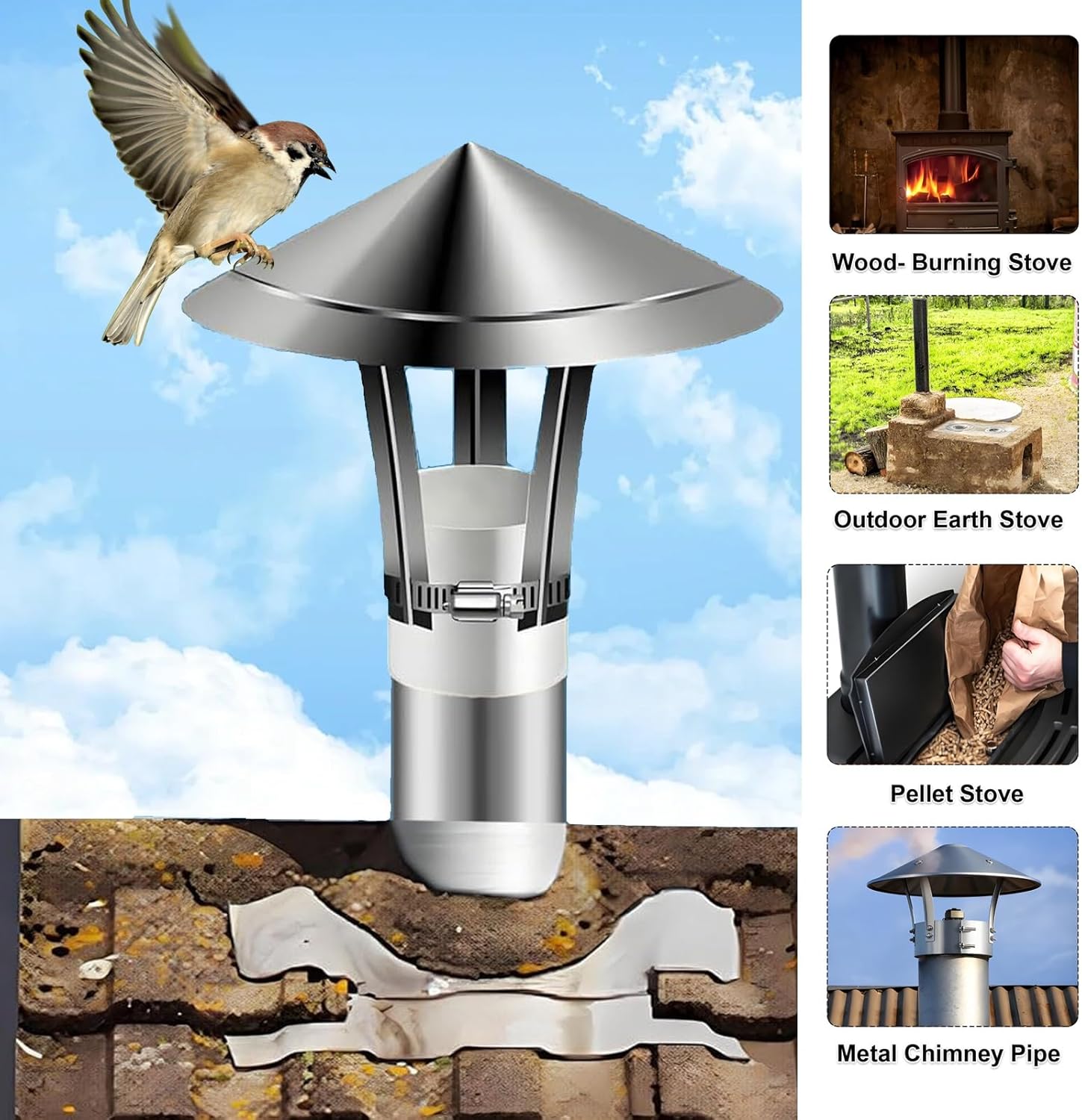 Round Chimney Cap with Gloves, 2" 2.3" 3.1" 3.9" 4.7" 6.3" 7" 7.9" 11.8" Roof Rain Chimney Cover Adjustable, Stainless Steel Stove Pipe Topper for Vent(220mm/8.6in)