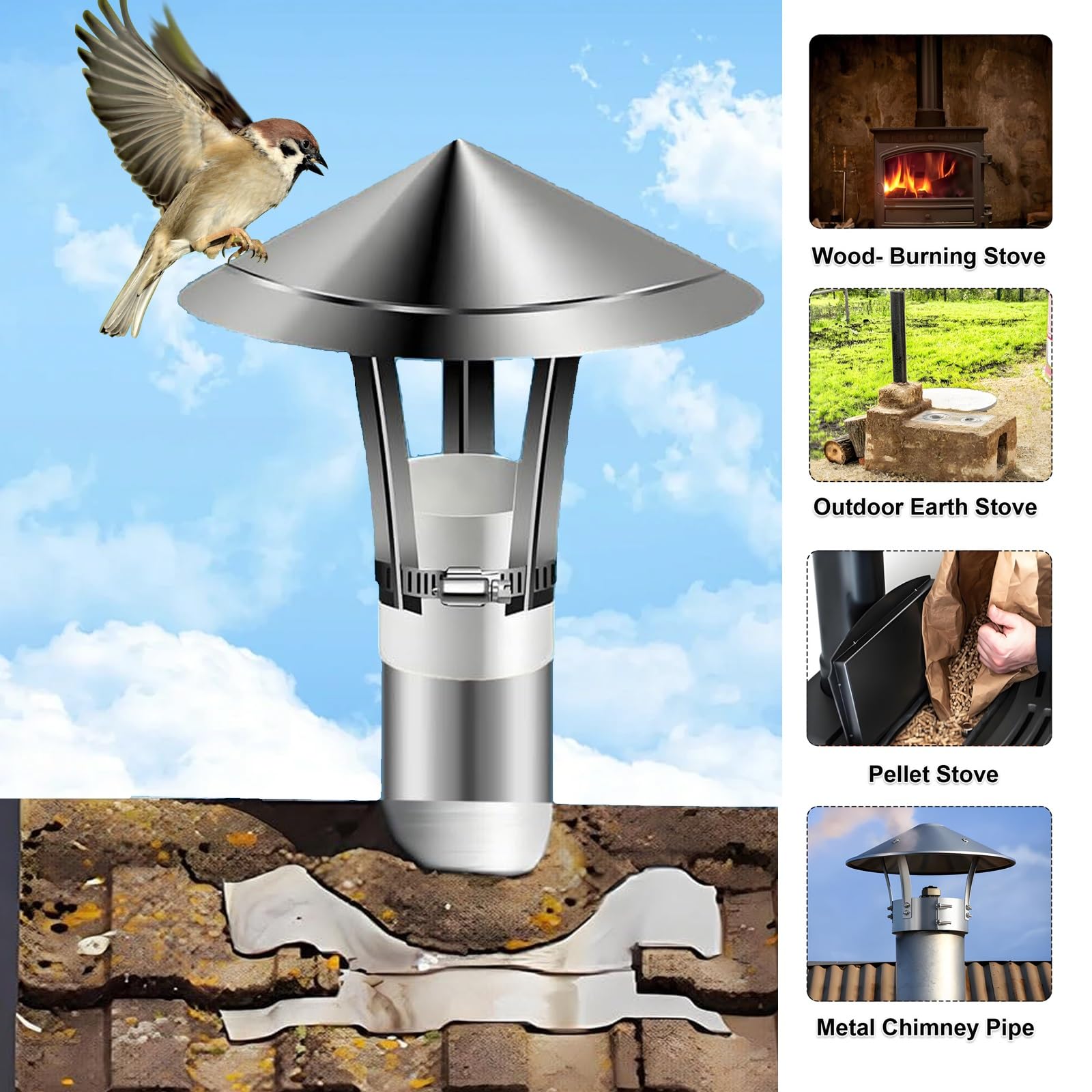 Osłona komina dachowego ze stali nierdzewnej, wodoodporna osłona na piec na drewno, 110 mm do 230 mm, osłona przeciwdeszczowa do odpowietrznika dymu (150 mm/5,9 cala)