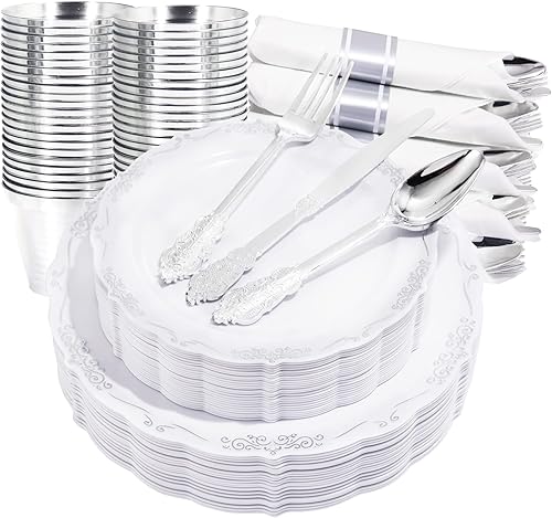 Miniatura 1 de U-QE Juego de 175 platos de plástico negro y servilletas preenrolladas con cubiertos dorados, juego de vajilla de plástico negro y dorado para 25