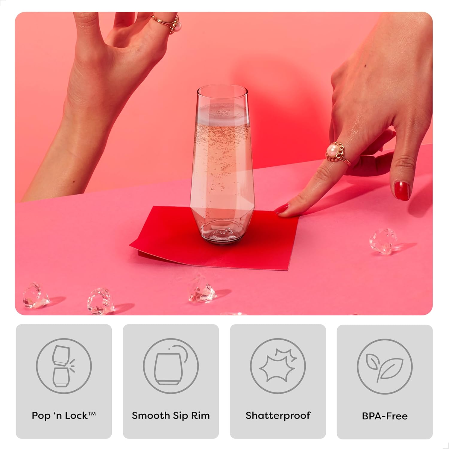 TOSSWARE POP 9 oz. Diamond Plastic Champagne Flute Set - Clear Plastic Champagne Glasses for Parties - Shatterproof & BPA-Free - Premium Quality, Disposable & Recyclable - Set of 12 - Image 3