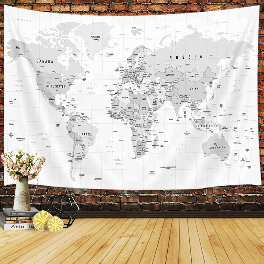 World Map Wall Art for Kids - Educational Tapestry with Countries, Major Cities & Topography - Asia, Europe, America, Africa, Japan - 90x70 Inch (Yellow)