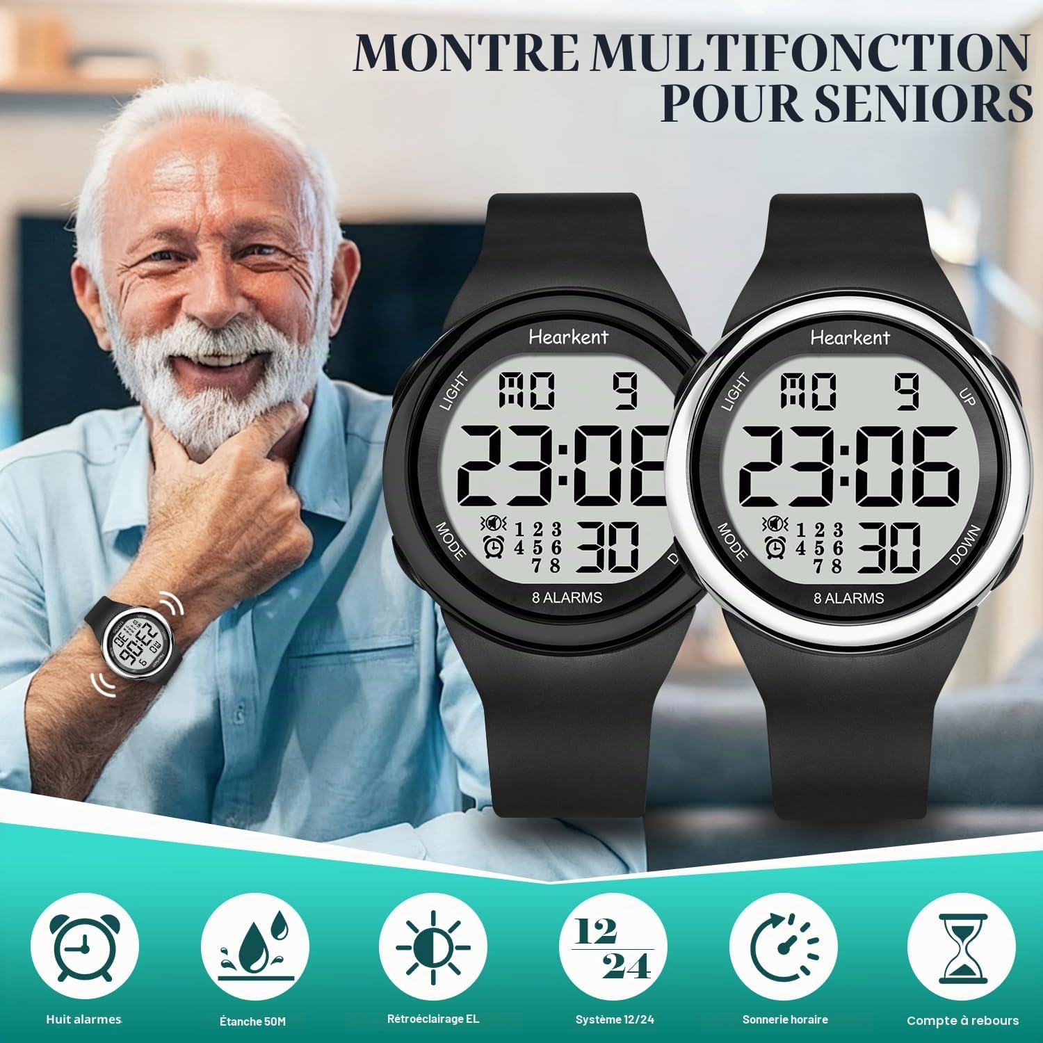 8 alarmes et horloge vibrante pour personnes âgées, rappel médicamenteux pour sourds, grand cadran rétroéclairé