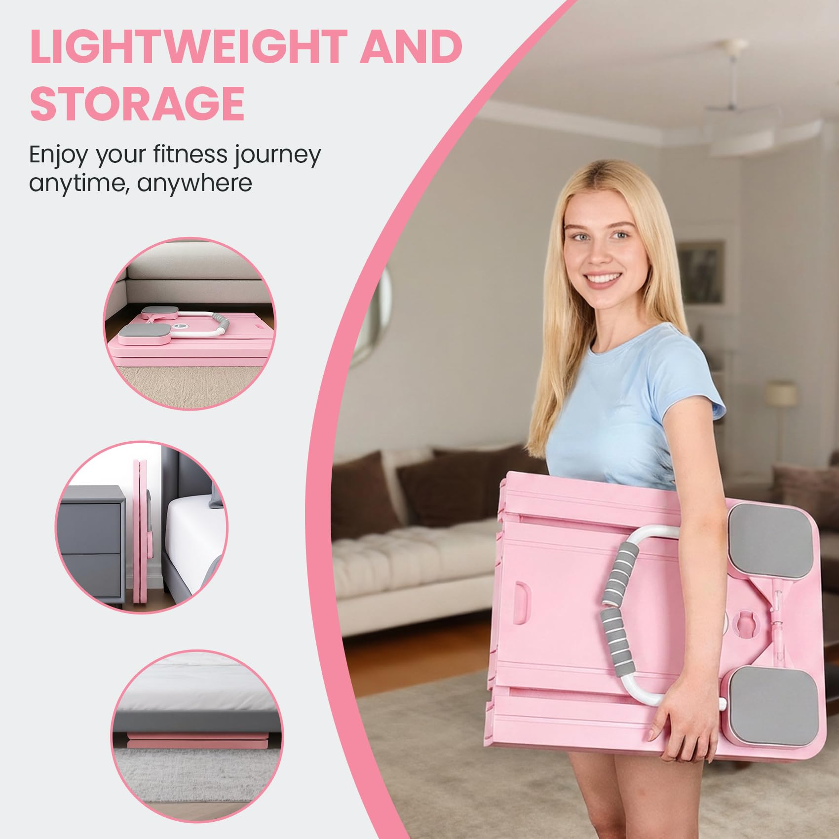 Pilates Reformer Compact 5 en 1 - Pliable - Avec compteur LED - Rouleau à rebond automatique - Planche abdominale multifonction pour la maison et la salle de sport (rose avec poignée)
