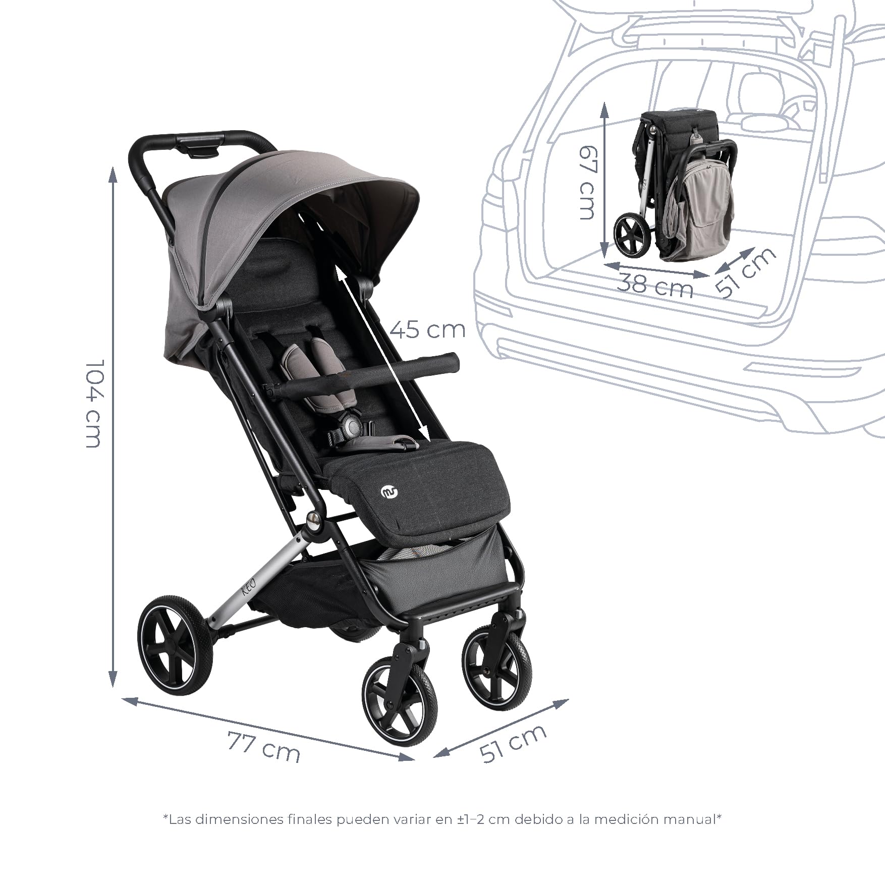 MS BabyWorld – Keo – Silla de paseo ligera hasta 22 kg | Capota extensible | Plegado tipo libro | Ultraligera y compacta | Ruedas grandes (Gris - Negro)