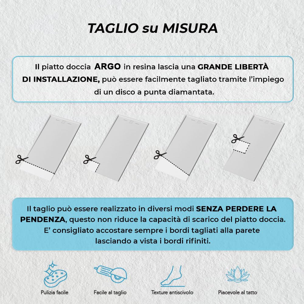 Piatto doccia 70x140 cm bianco effetto pietra in resina, spessore 3 cm e scarico con canalina, riducibile su misura ARGO