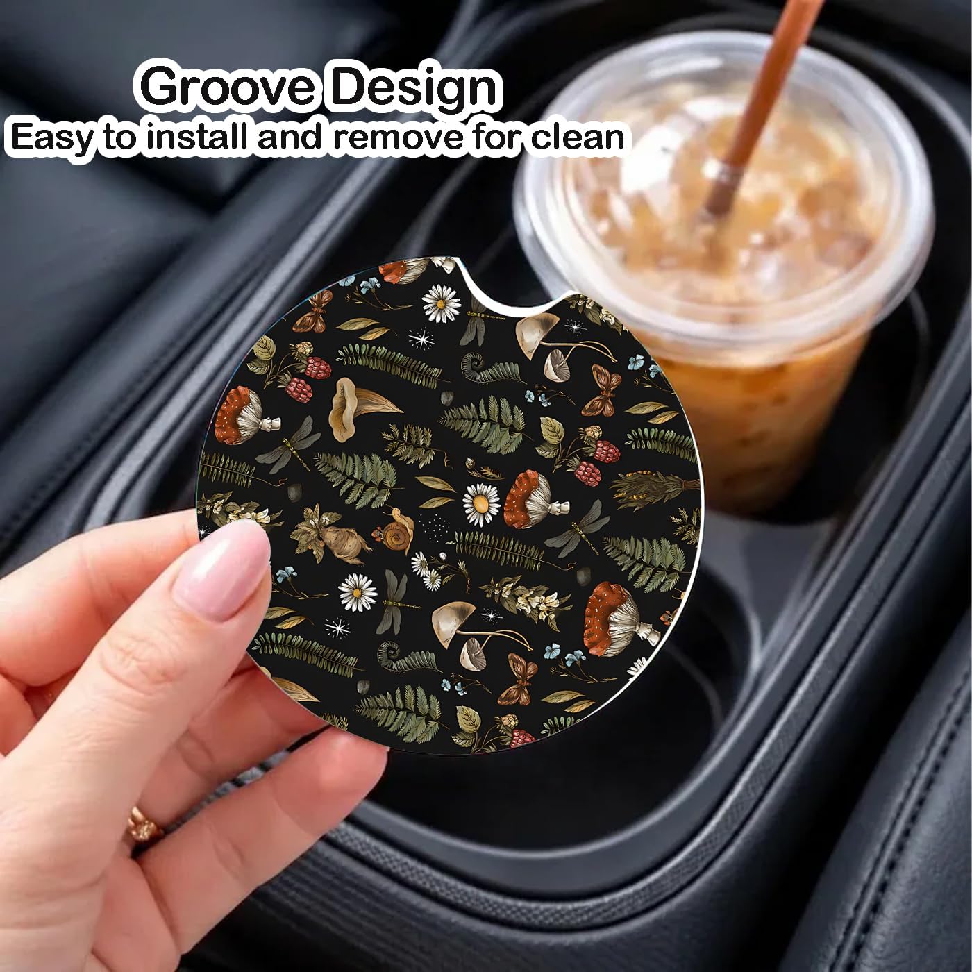 Car Coasters for Cup Holders, 2 Pack Absorbent Ceramic Cup Holder Coasters for Car, Car Cup Coasters with Stylish Design, Cute Car Accessories for Women Interior, Universal Fit (Black) image 2