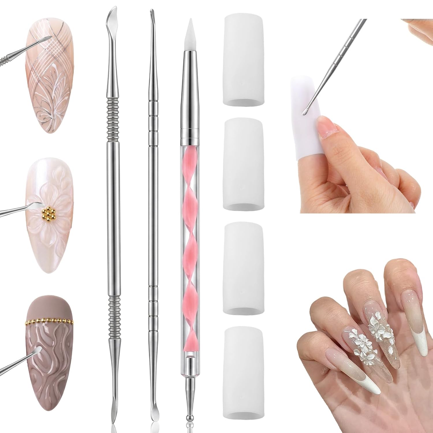 3 Pcs Nail Art Sculpting Tool, Dual-Head 3D Gel Nail Art Sculpture Pen with 4 Silicone Finger Sleeves Stainless Steel Nails Dotting Tool for Flowers Art Design Carving Molding Manicure DIY Home Salon
