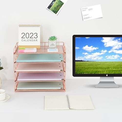 Miniatura 6 de ECOLOVI Bandeja organizadora de papel de malla de 5 niveles, organizador de suministros de oficina de escritorio para escritorio, organizadores de