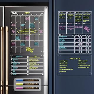 JJPRO Non-Magnetic Dry Erase Calendar - Monthly & Weekly Chart, List & Blank Board for Smooth Surfaces. Clear Reusable Calendar Sticks to Fridge, Cabinet, Door & Glass