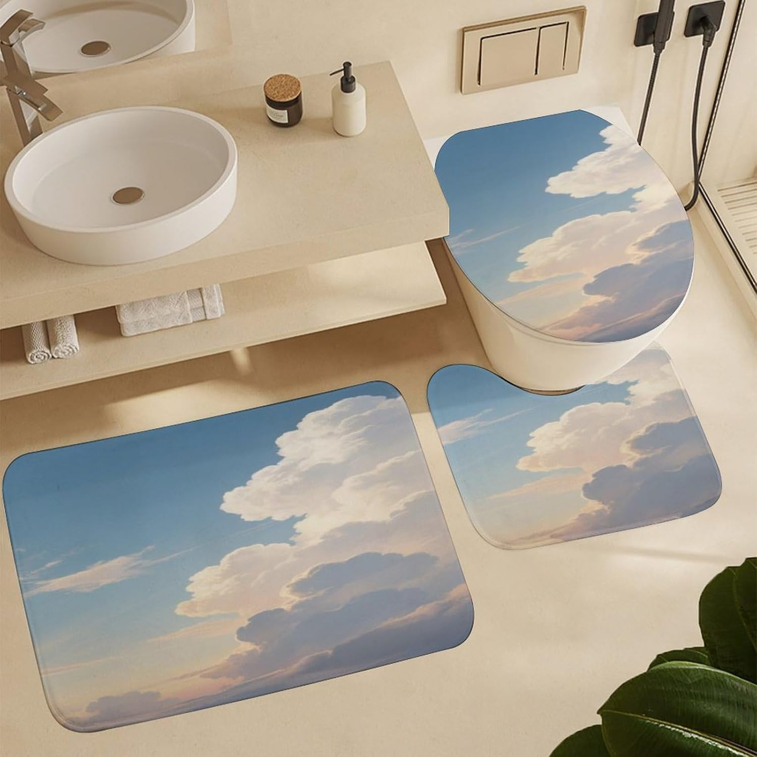 Dusk Clouds Bath Rug Set 4 Piece,Bathroom Accessories Set-Toilet Rugs U Shaped,Toilet Lid Cover,Shower Curtain and Rugs,Ultra Soft, Absorbent,Home Decor