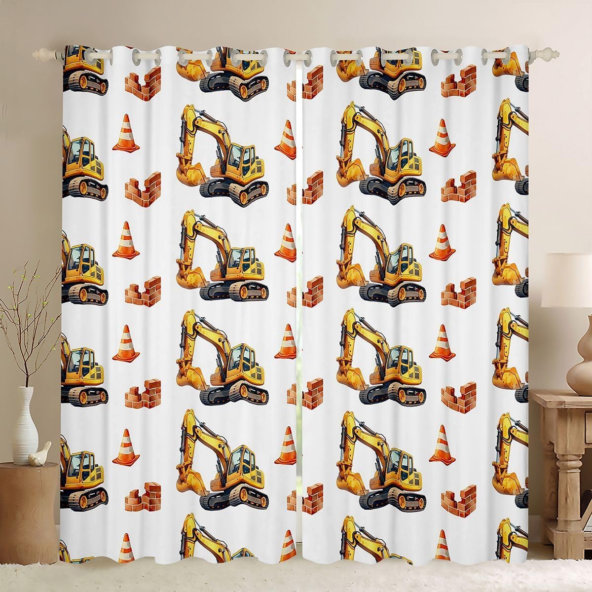 Koparka, zasłony okienne, rozmiar XXL, 260 x 140 cm, do maszyn budowlanych, dobre zasłony zaciemniające, z kreskówki, zestaw 2 sztuk, dla dorosłych i dzieci