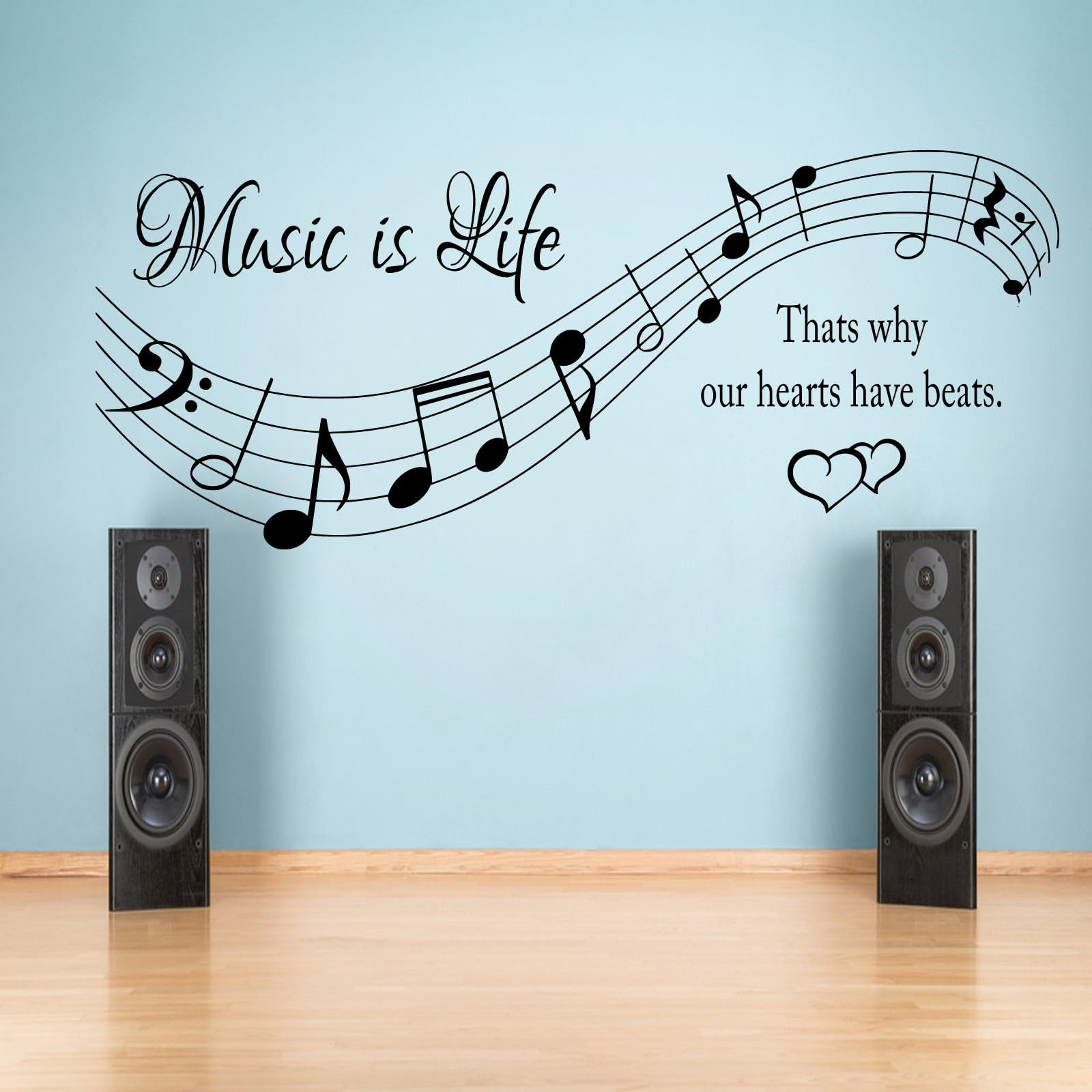 HUANYI Music is life thats why our hearts have beats ART wall quote STICKER TRANSFER vinyl DECAL