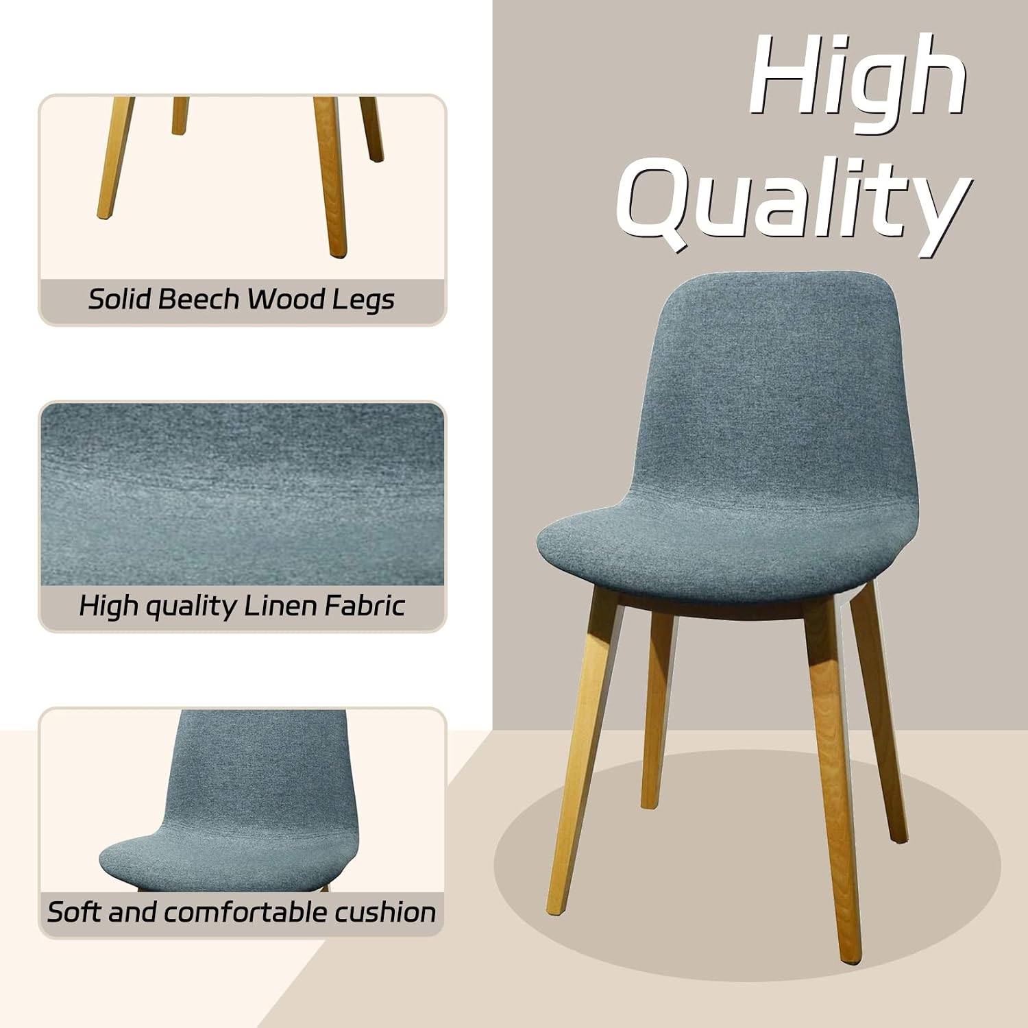 Modern Dining Chair Set of 2, Mid Century Nordic Style Side Chairs, Comfortable Upholstered and Beech Wood Legs, for Indoor Outdoor Kitchen, Living Room, Bedroom, Conference, Smoke Gray
