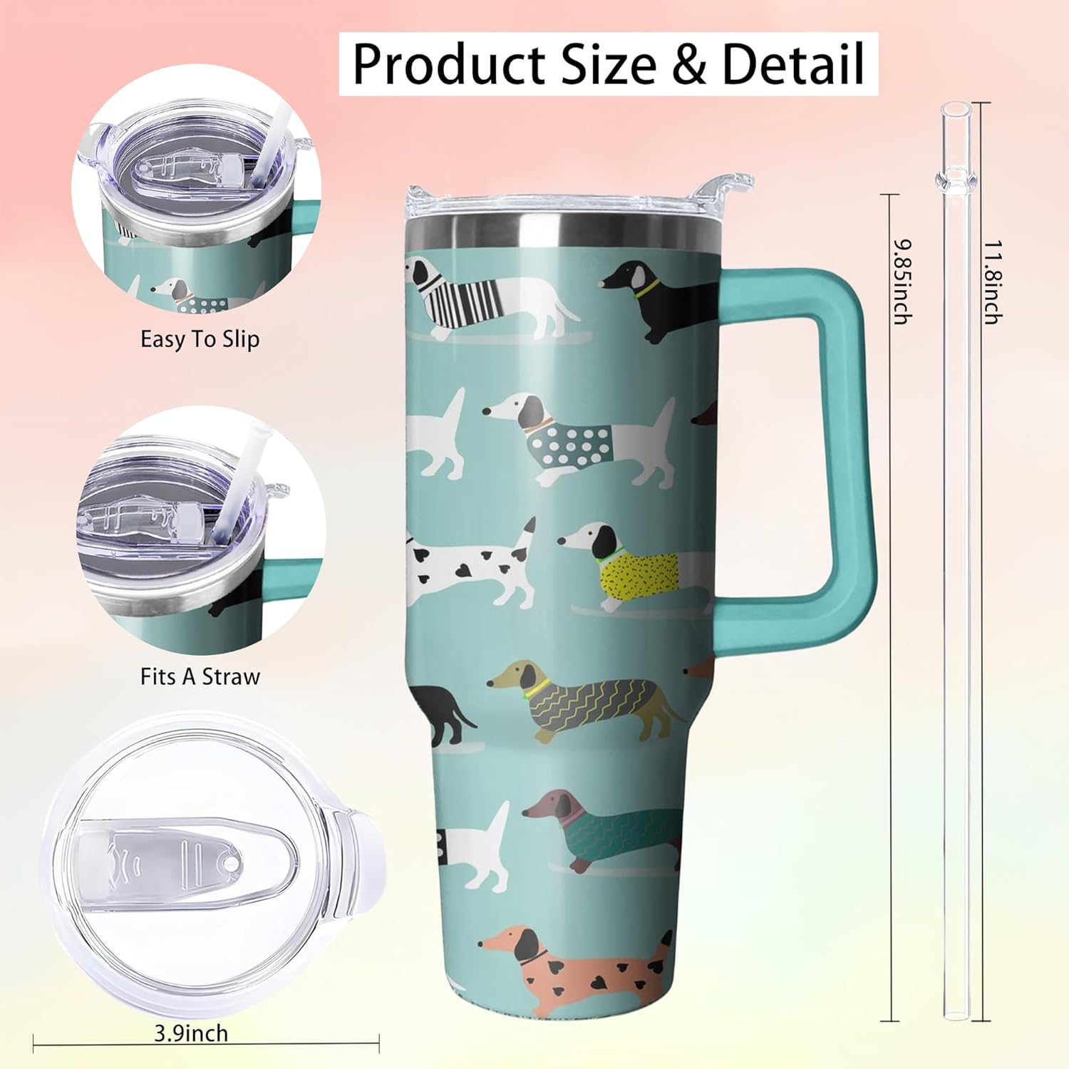 40 oz Dachshund Tumbler with Handle and Straw, Dog Insulated Stainless Steel Cup with Lid, Travel Coffee Mug Water Bottle, Animal Lovers Women Gifts - Image 2
