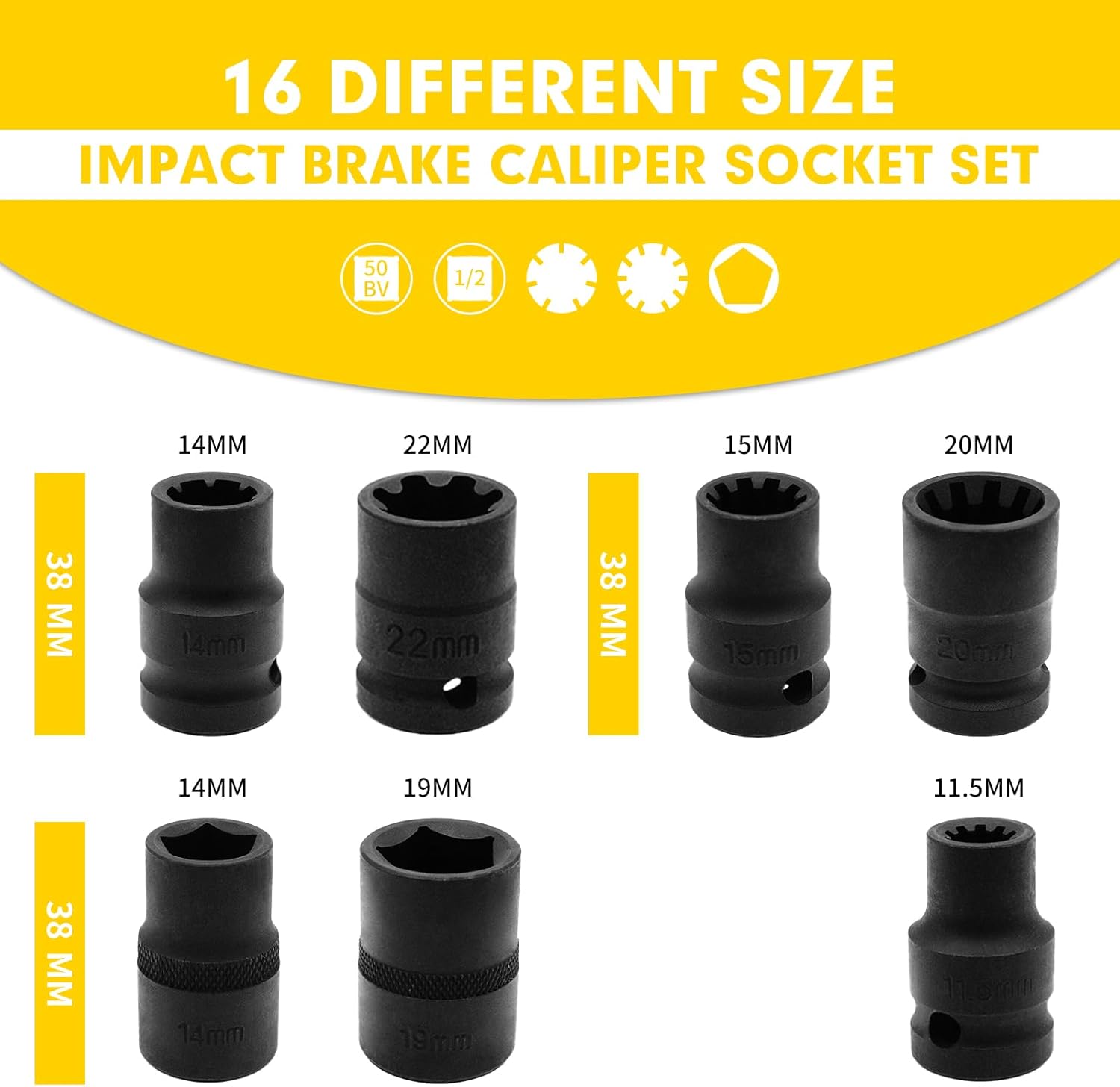 16PCS Impact Brake Caliper Socket Set, 1/2" Square Drive Brake Caliper Tool, High Torque 1/2" Drive Brake Adjusting Tool, Compatible with Porsche VW BMW Ford with Carrying Case & Gloves
