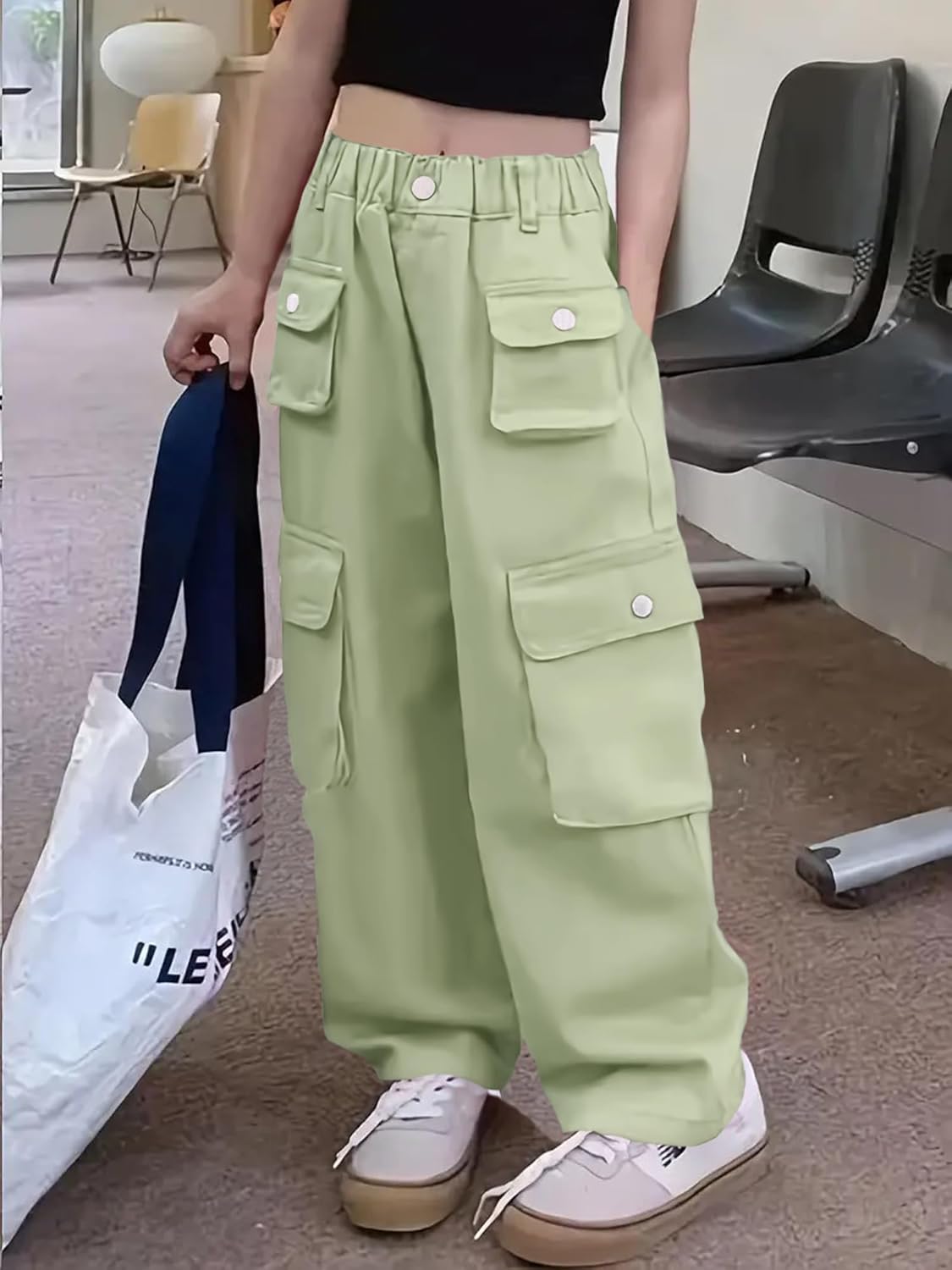 Girl's Elastic High Waist Cargo Pants Wide Leg Trousers with Flap Pocket, 3-14 Years - Image 2