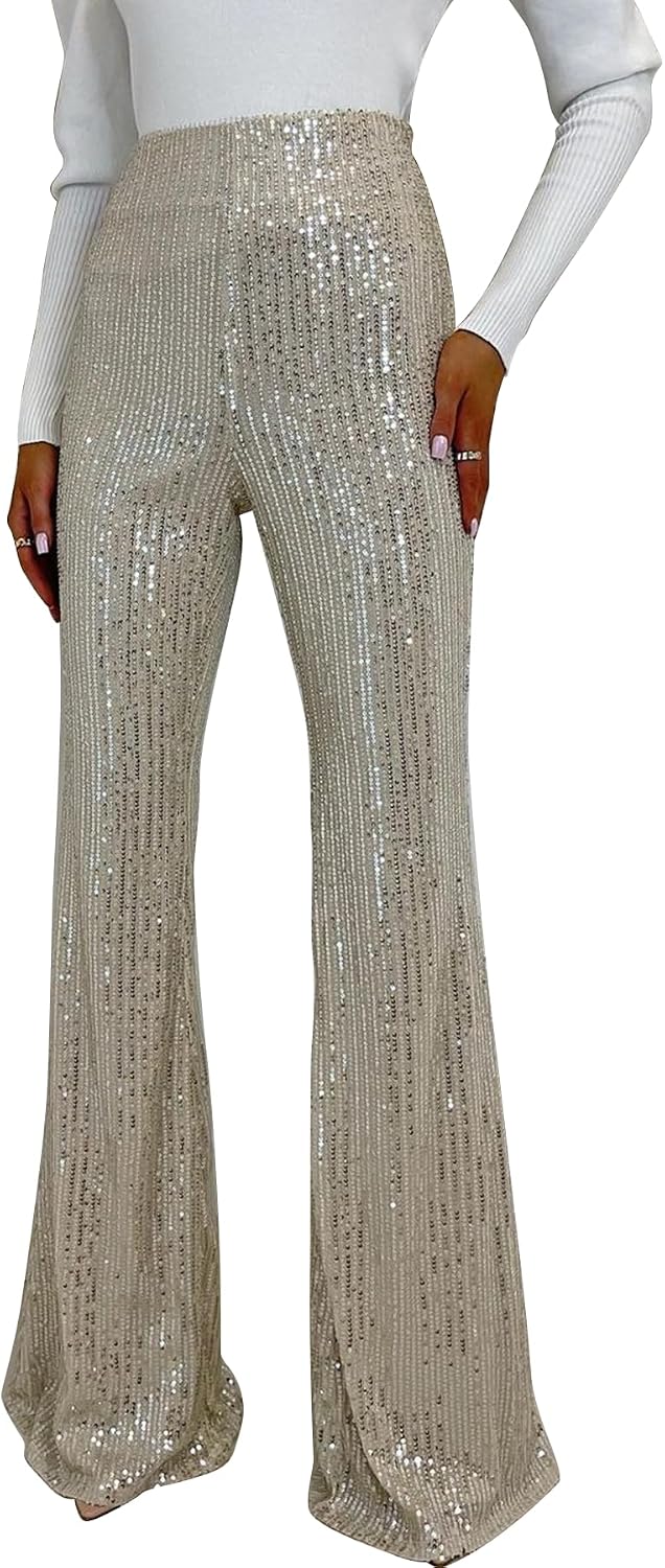 Symina Women's Sequin Pants Sparkly Glitter High Waisted Bell Bottoms Sequin Flare Pants Party Disco Clubwear