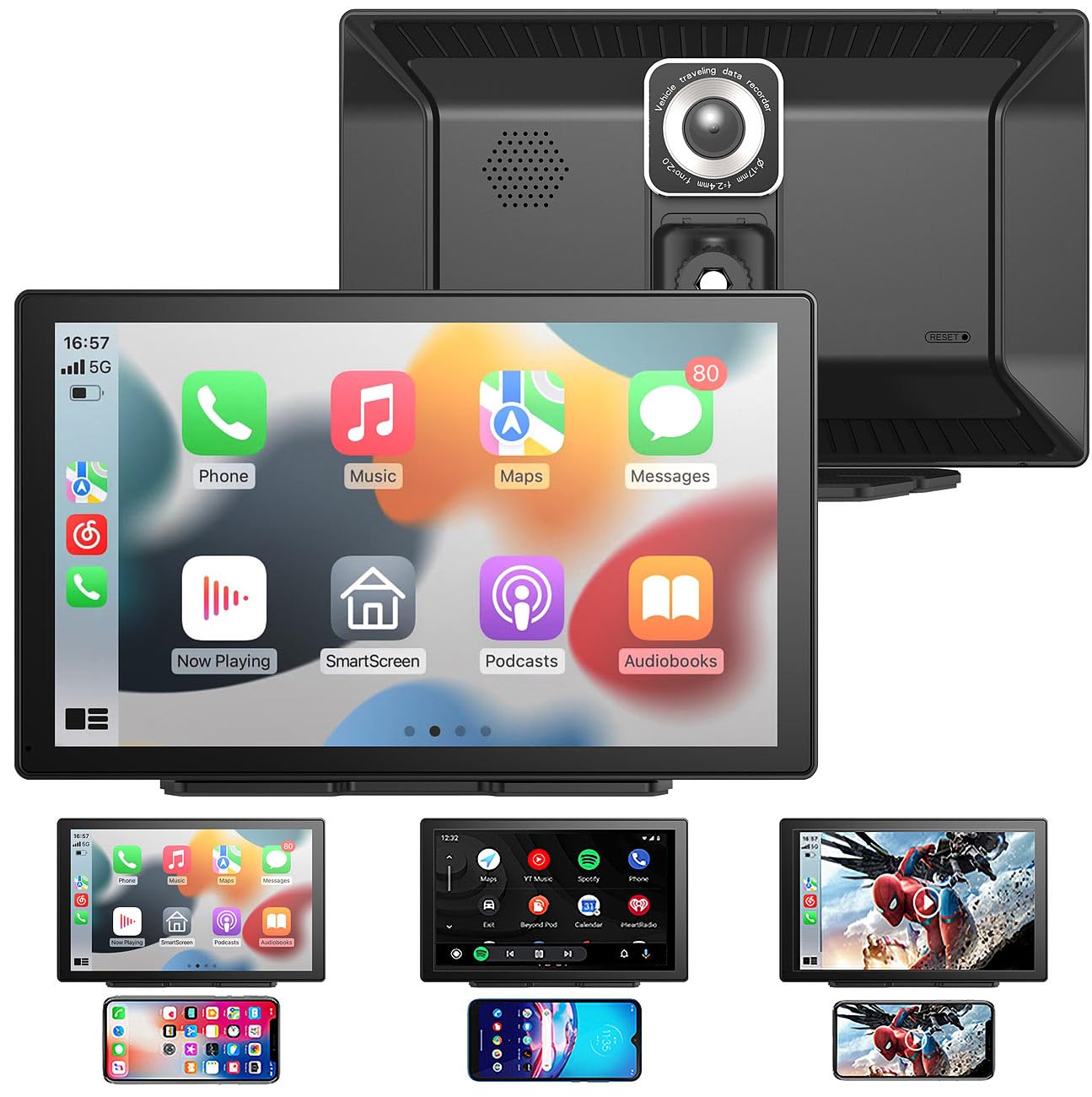 Lescars Apple Carplay Display: IPS-HD-Display für Android Auto & CarPlay, 9" / 22,9cm, 2K-Frontkamera (Auto Monitor, FM Transmitter, SD)
