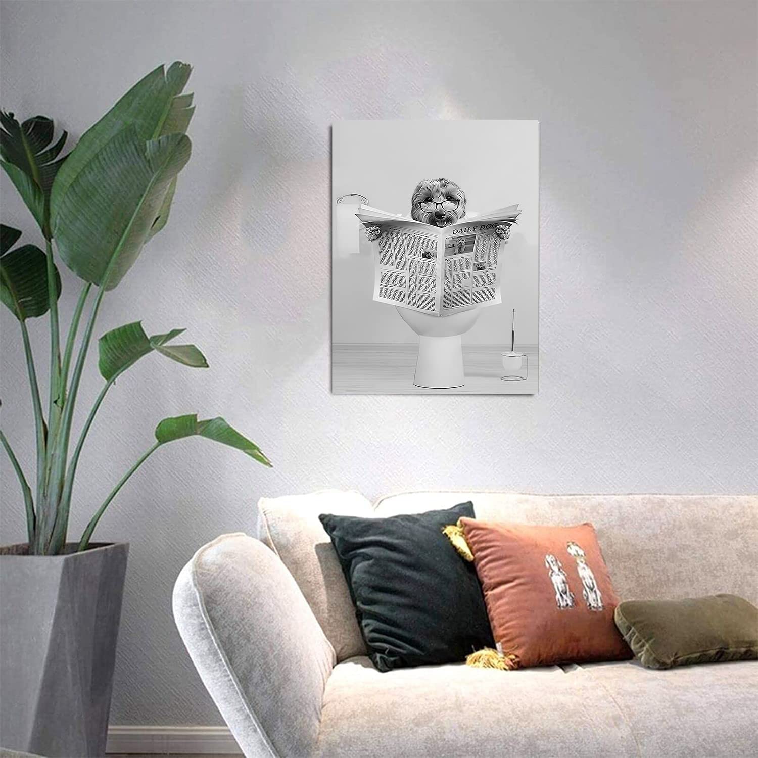 MKHFUW Moderne Canvas Muurkunst Grappige Dieren die op het Toilet zitten, Krantenfoto's Lezen Badkamer Slaapkamer Poster, Frameloos (Krantenhond, 30 x 40 cm